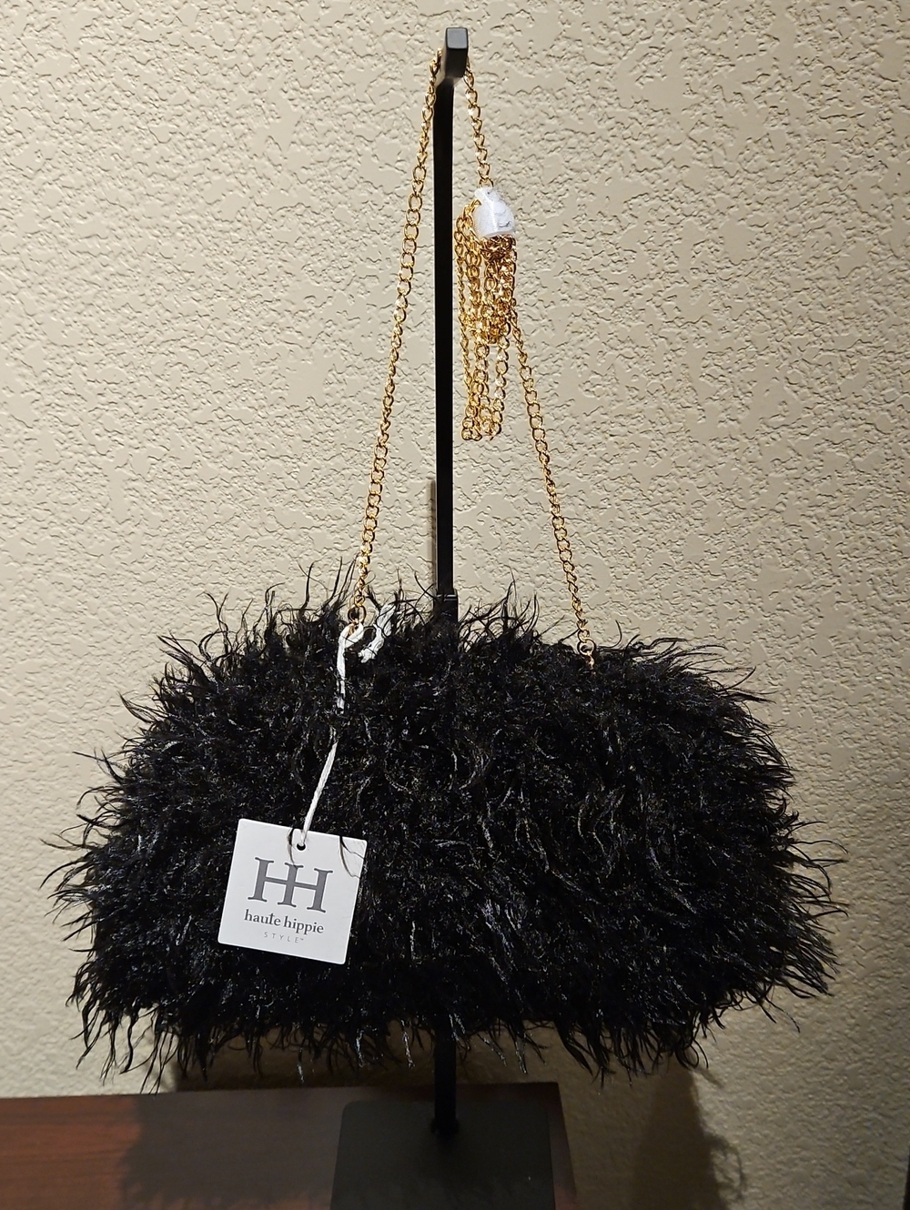 Haute Hippie - Black Faux Fur Clutch Purse With Gold Chain